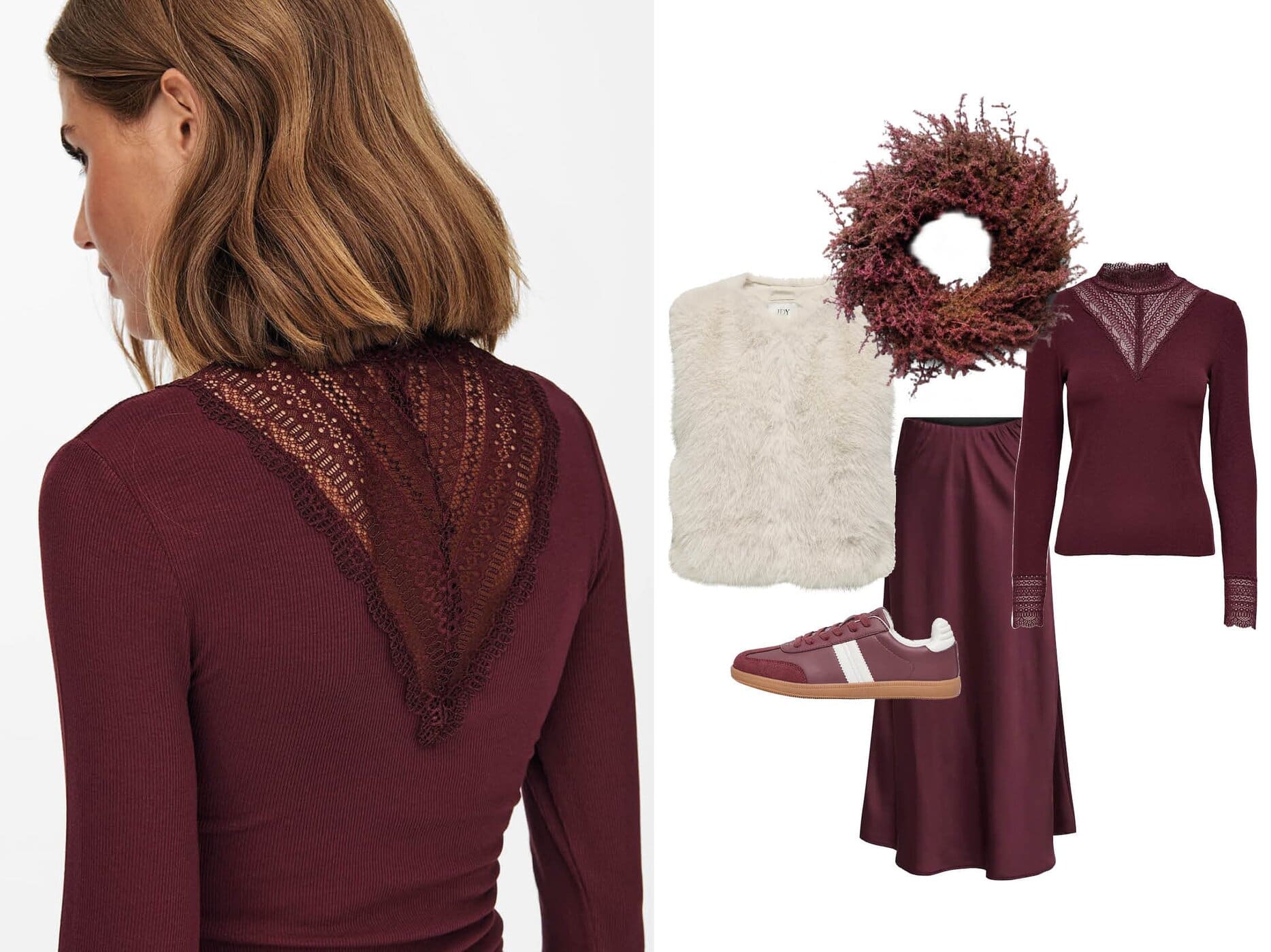 achtgrad. Dinklage ONLY SpitzenDetails Satinrock Bordeaux UNIK.HUS Naturkranz Fake Fur Weste