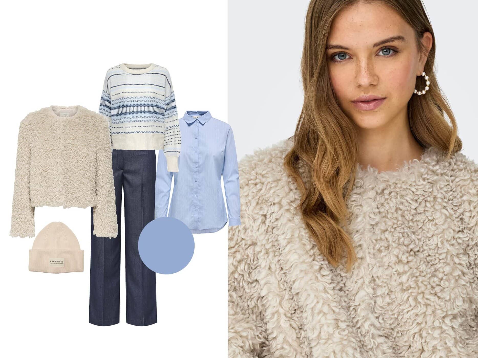 achtgrad. Dinklage Home Fake Fur Jacke hellblau Denim happiness Bluse MIO ONLY JDY
